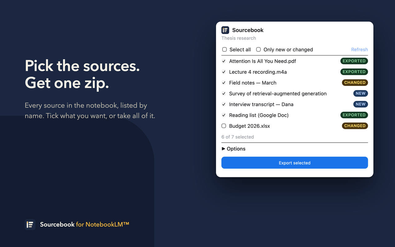 The Sourcebook popup listing seven sources of a notebook called Thesis research, each with a checkbox and a status badge reading New, Changed or Exported, with an Export selected button.