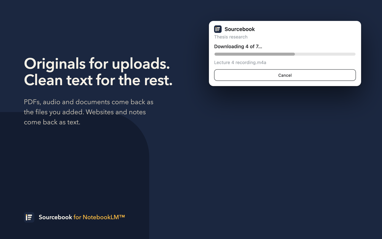 The popup showing a progress bar, 'Downloading 4 of 7', the current file name, and a Cancel button.