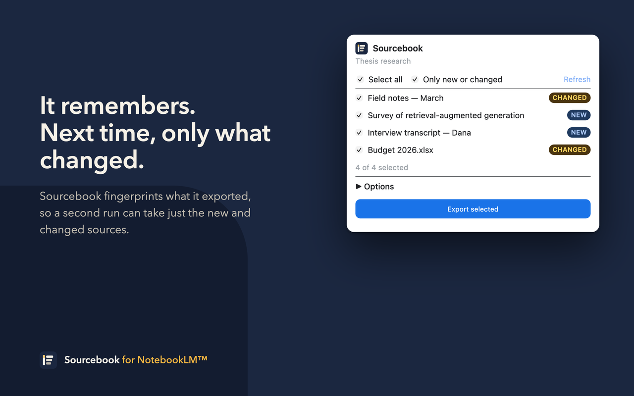 The popup with 'Only new or changed' ticked, listing four sources marked New or Changed.